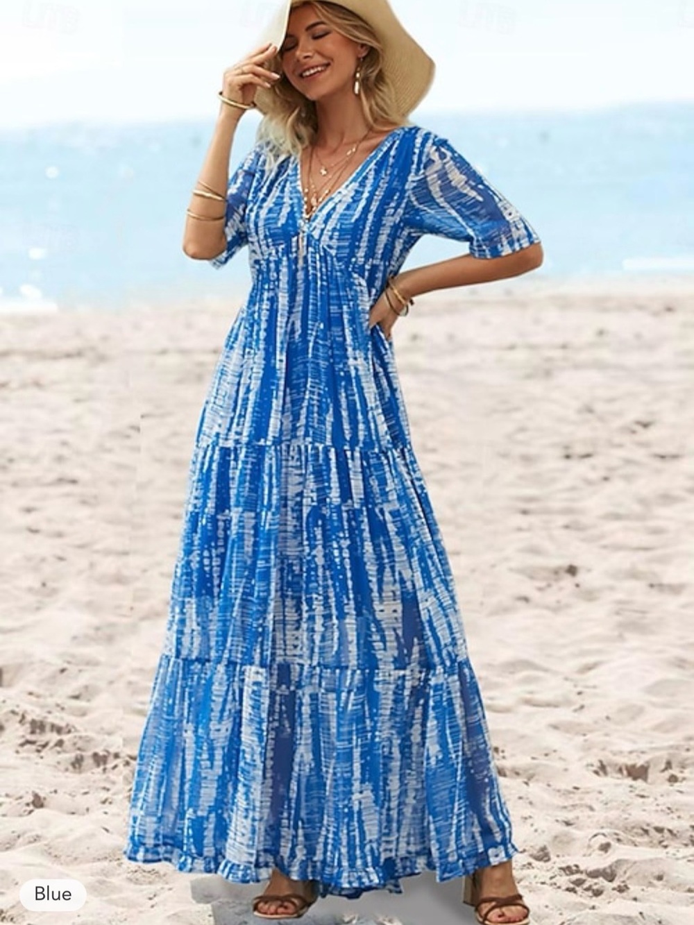 ADOR Maxi Chiffon Swing Summer Vacation Loose Fit Short Sleeve Dress Blue XL